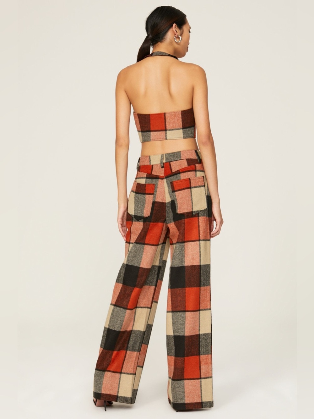 AFRM Checked Wide-Leg Pants in Red & Cream - Picture 3 of 8